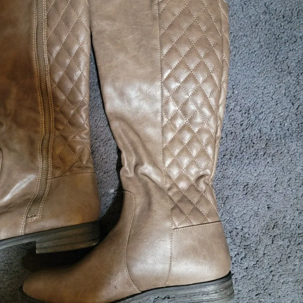 Bongo Womens Bailey Brown Checkered Faux Leather Thigh High Riding Boots Size 8M